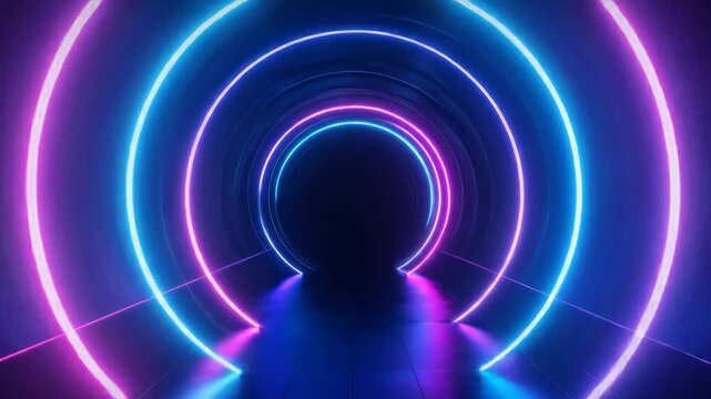 Abstract neon tunnel with glowing rings and a reflective floor. Futuristic background