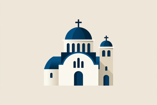 Santorini travel logo vector, minimalist Greek island church illustration, iconic Cycladic architecture icon in blue and white