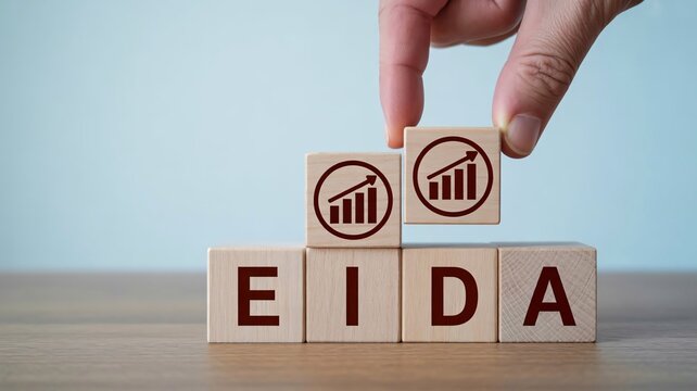 EIDA, business concept, wooden blocks, graph icons, financial data