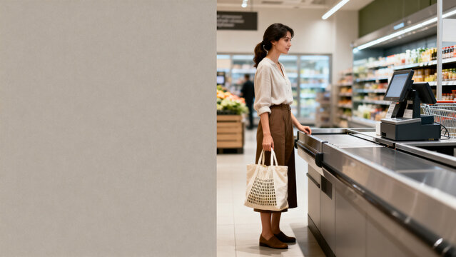 [Young woman] [with neutral mood] [standing at the checkout counter in a supermarket]