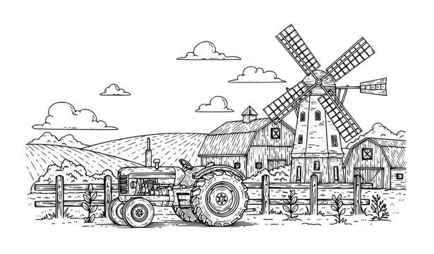 Vintage windmill and old tractor on a rural farm