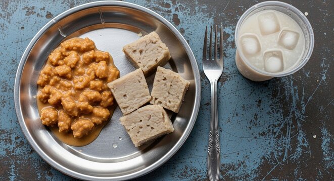 Top view of traditional Ugandan matooke and groundnut sauce on metal plate with cold drink