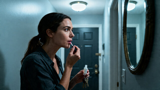 [Young woman] [with casual mood] [applying lip balm in a hallway]