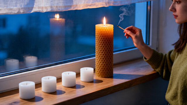 [Hand] [with delicate mood] [lighting a large textured candle by the window]
