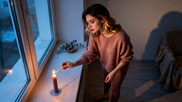 [Young woman] [with tranquil mood] [lighting a candle by the window at dusk]