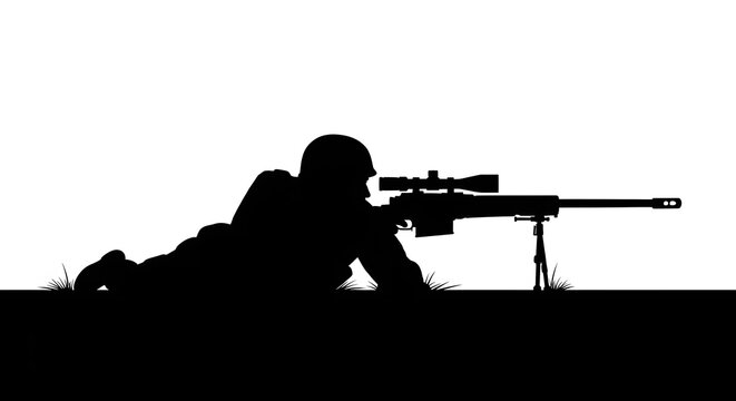Military sniper silhouette aiming a long-range rifle with scope and bipod in prone position isolated on white background.