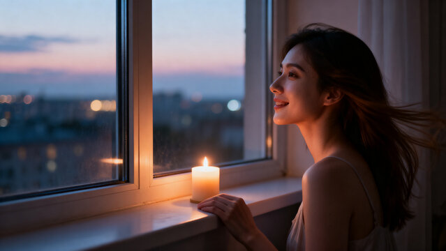 [Young woman] [with serene mood] [sitting by the window with a candle at twilight]