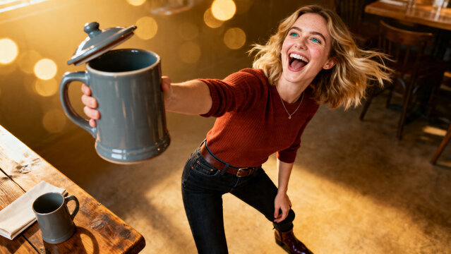 [Young woman with bright blue eyes] [with cheerful mood] [reaching out to offer a mug in a cozy environment] [with copy space]