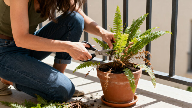 [Young woman] [with careful mood] [trimming a houseplant on a balcony]