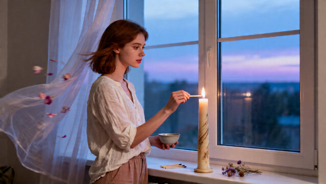 [Young woman] [with romantic mood] [lighting a candle by the window at twilight]