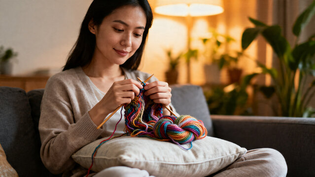 [Young woman] [with creative mood] [knitting colorful yarn on a sofa in a cozy room]