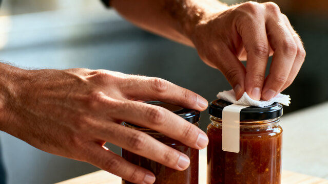 [Human hands] [with focused mood] [opening a glass jar of homemade preserves]