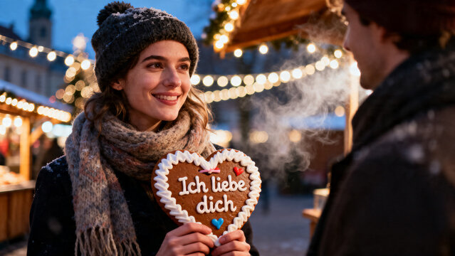 [Young woman] [with happy mood] [holding a heart-shaped gingerbread at a Christmas market]