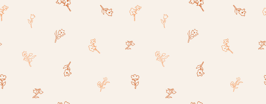 Hand drawn seamless floral pattern, liberty ditsy with mini daisies in pastel colors. Pretty botanical design for fabric, small, mini flowers, tiny leaves on a light background. Vector illustration.