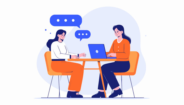 Two women having a conversation while working on a laptop at a table, illustration of communication and collaboration