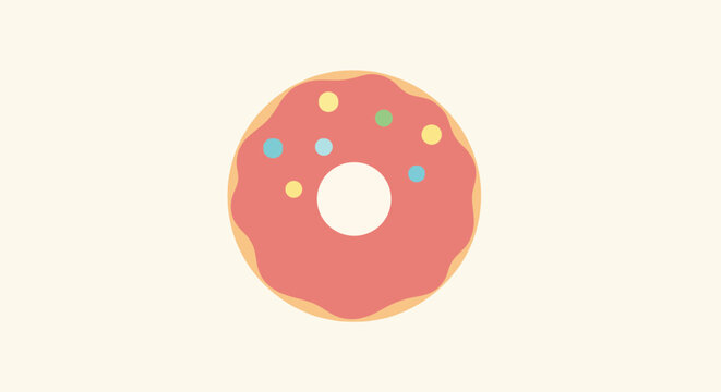 Minimalist flat donut illustration, simple circular shape with hole, small sprinkle dots, solid single color, clean geometric style, centered icon, modern flat design