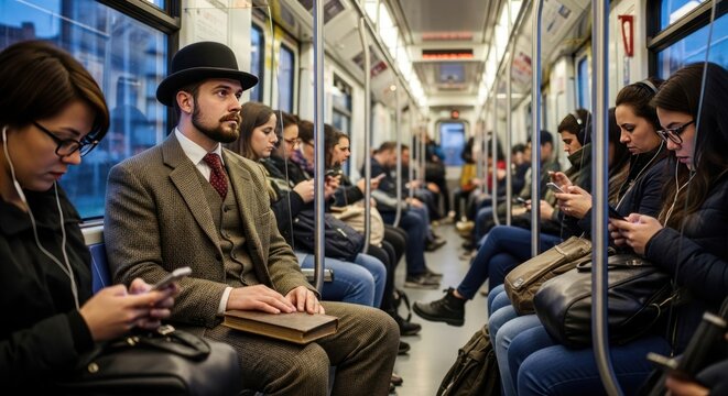 Man in vintage suit sitting on modern subway train
