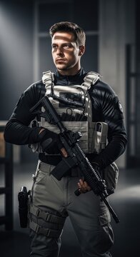 Tactical personnel with rifle and body armor standing in a dark room
