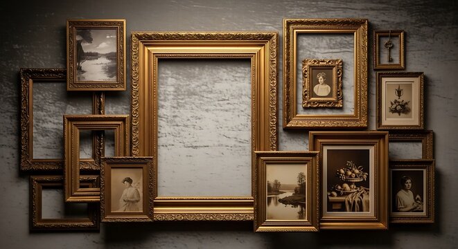 Ornate Empty Frame Gallery Wall with Vintage Portraits and Still Life