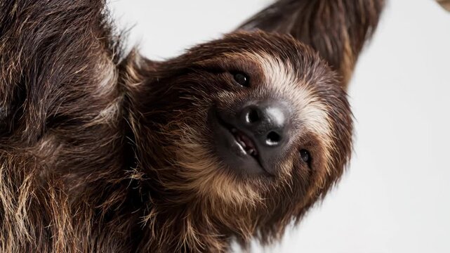 Close-up portrait of a brown sloth hanging upside down with its mouth open showing teeth and a wet black nose, looking directly into the camera lens against a neutral background.