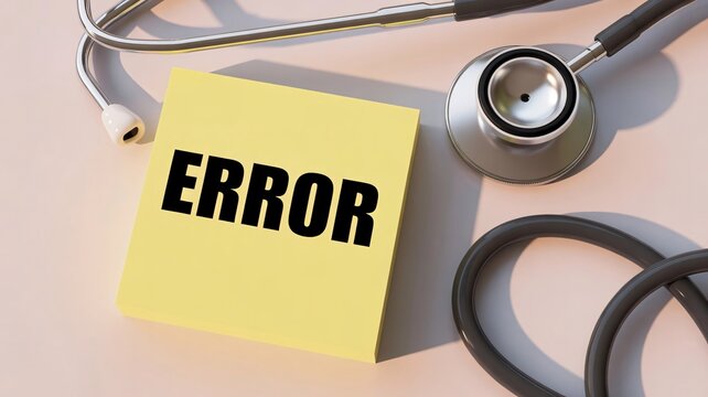 Medical error concept, stethoscope and sticky note, healthcare mistake, error message
