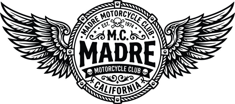 Vintage Madre Motorcycle Club emblem with wings, retro biker patch vector, California motorcycle club logo with skull and wings