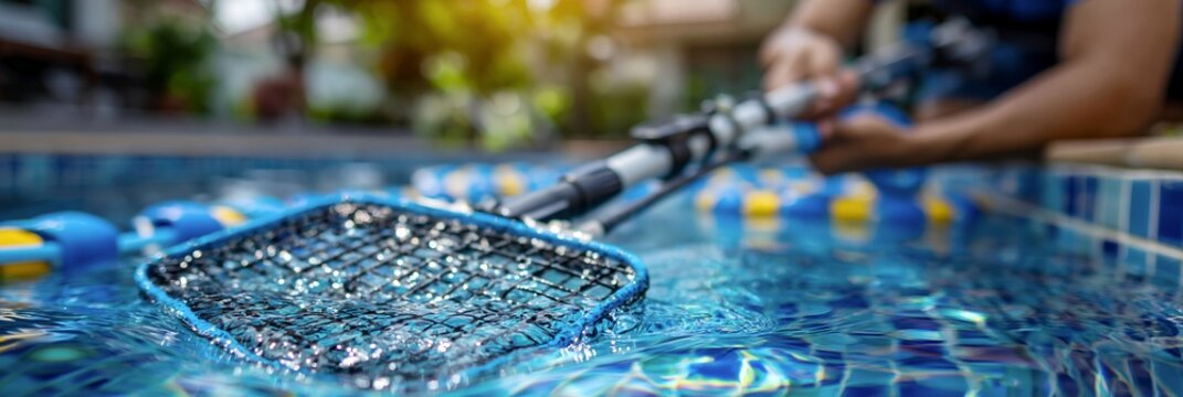 Pool technician performing routine leaf removal in a backyard swimming pool