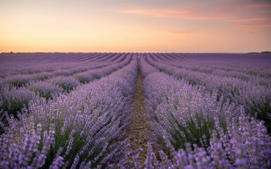 Obraz premium Blooming Lavender Field at Sunset with Purple Flowers in Rows, Landscape under Golden Hour Sky