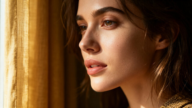 [Young woman] [with serene mood] [looking away against a blurred golden background]