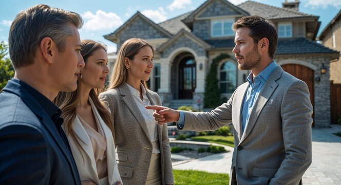 Agent pointing out unique home features to clients explaining functional and aesthetic design benefits