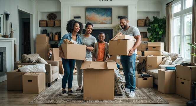 Family unpacking boxes during moving day smiling and organizing their belongings in a spacious living room