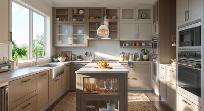 Modern kitchen with natural light clean design and organized appliances ready for home sale presentation