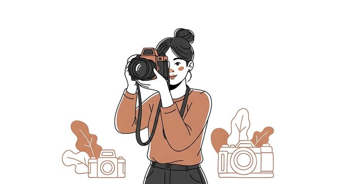 Woman takes photo with camera surrounded by illustrations of cameras and smoke