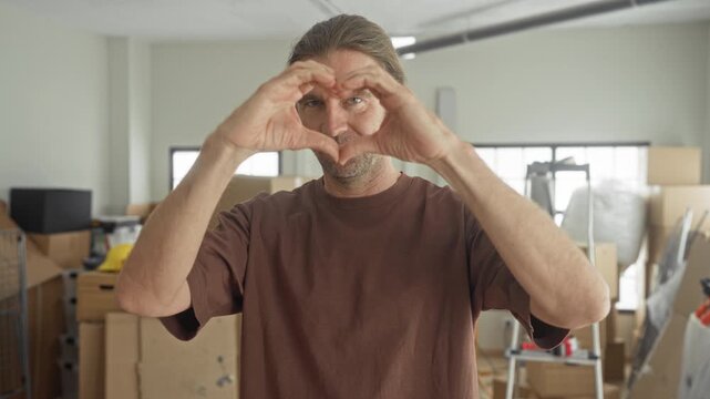 Man forms heart with hands amid stacked boxes, ladder and hardhat in building interior; warmth kindness connection positivity.