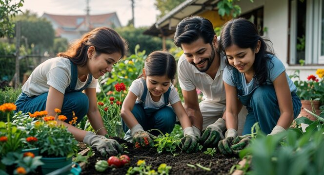 Family gardening together at home planting flowers and vegetables promoting eco friendly lifestyle and bonding