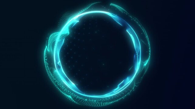 Abstract glowing particle ring, cyan neon circle, digital energy loop, futuristic technology background, wave structure, data flow concept, sci fi interface design, 4K loop 60fps