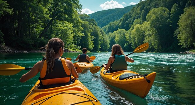 Friends kayaking on clear river surrounded by lush green forest scenery