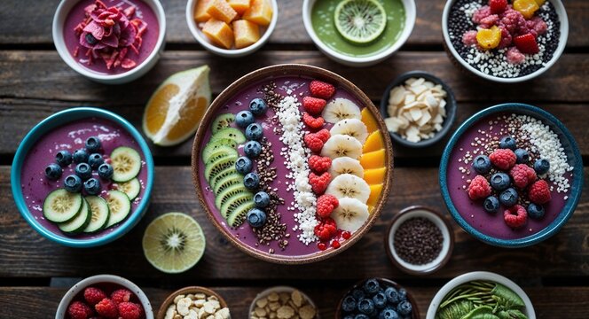 Colorful smoothie bowls with various toppings arranged on wooden table for social media photography