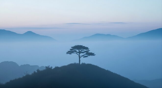 Lone pine tree silhouette in foggy mountain mist