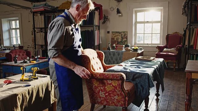 Elderly White Upholsterer Restoring Vintage Armchair In Sunlit Workshop Hands Smoothing Fabric Over Frame Array Of Tools On Workbench Patterned Textiles And Rolls In Background Warm Golden Light