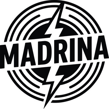 Madrina logo design with lightning bolt and circular sound waves, black and white industrial emblem, modern typographic brand identity vector
