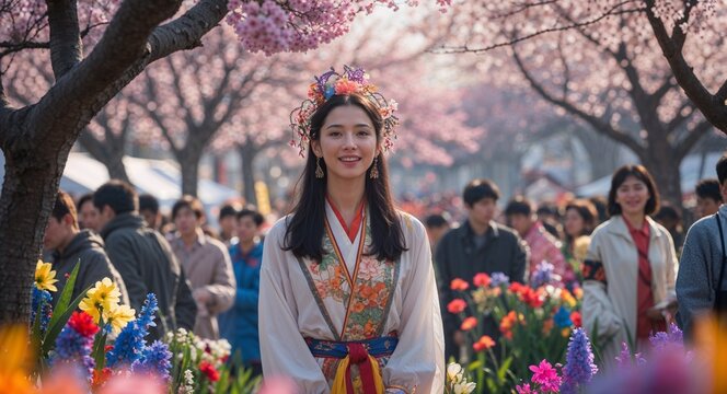 Spring festival with flowers blooming and people enjoying outdoor celebration activities