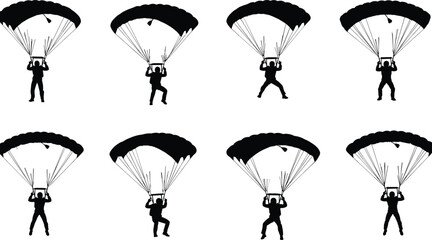 Parachute, skydiver, black, silhouette, collection, with, people, jumping, and, flying, in, the, sky, on, white, background, vector, illustration, set, isolated. © SUMAIYA