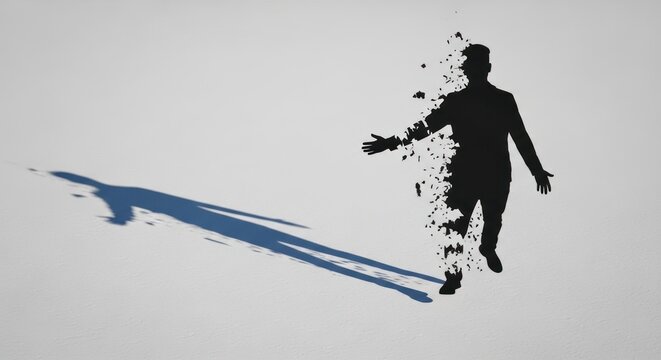 Man silhouette disintegrating into particles on white background