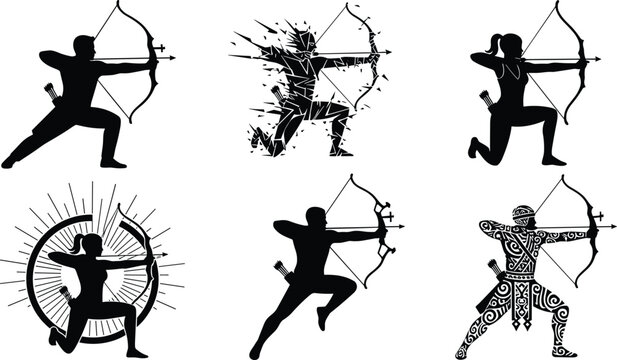 Professional set of archery silhouettes featuring archers with bows and arrows for target practice competition hunting and traditional sporting activities.