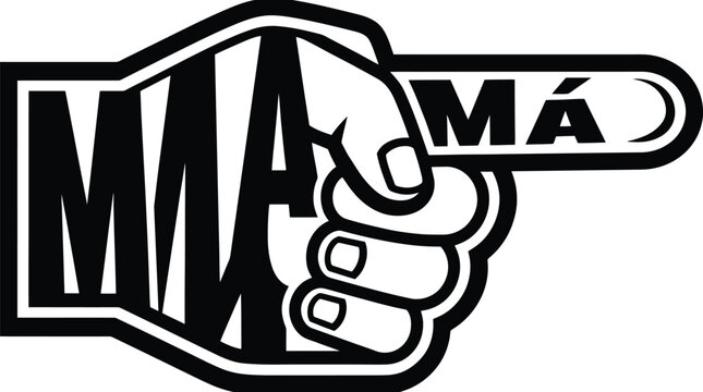 MMA combat sports logo with fist and pointing finger, mixed martial arts typography, black and white fighting emblem vector