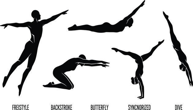 Professional swimming silhouette icon set featuring athletes performing freestyle backstroke butterfly synchronized movements and diving poses for sports competition graphic design.