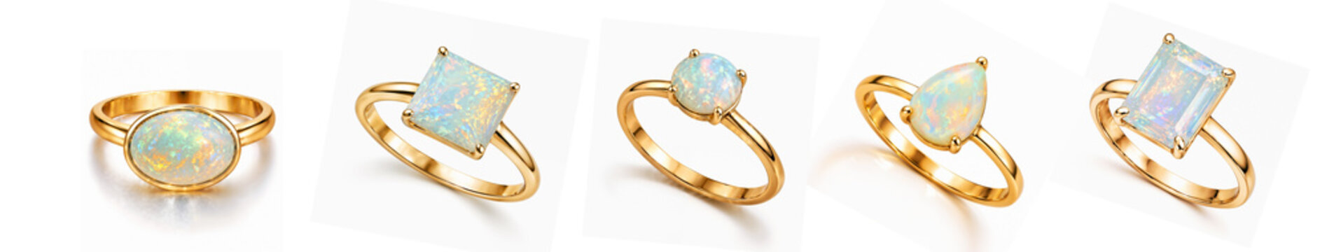 Collection of female elegant gold rings with Opal stone in various crystal shapes isolated on white background