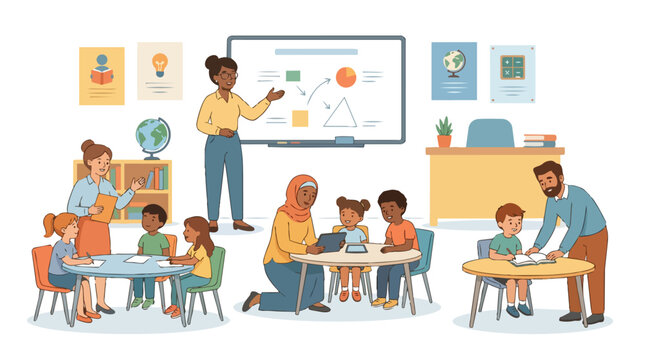 Inclusive Elementary School Classroom Scene with Diverse Students and Teachers Learning Together Vector Illustration