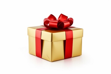 Obraz premium Gold gift box tied with a red ribbon bow, representing a special present